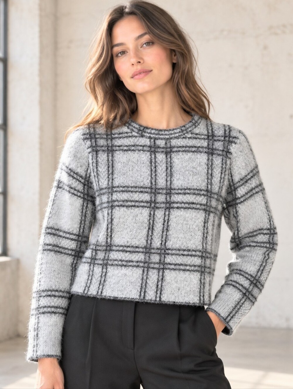 Forever 21 Fuzzy Plaid Cropped Sweater Back Zip Grey Black Size S Y2K